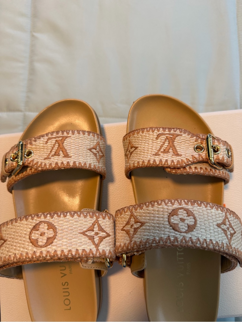 Louis Vuitton Beige & Tan Monogram Canvas Double-Strap Slides - Picture 3 of 8